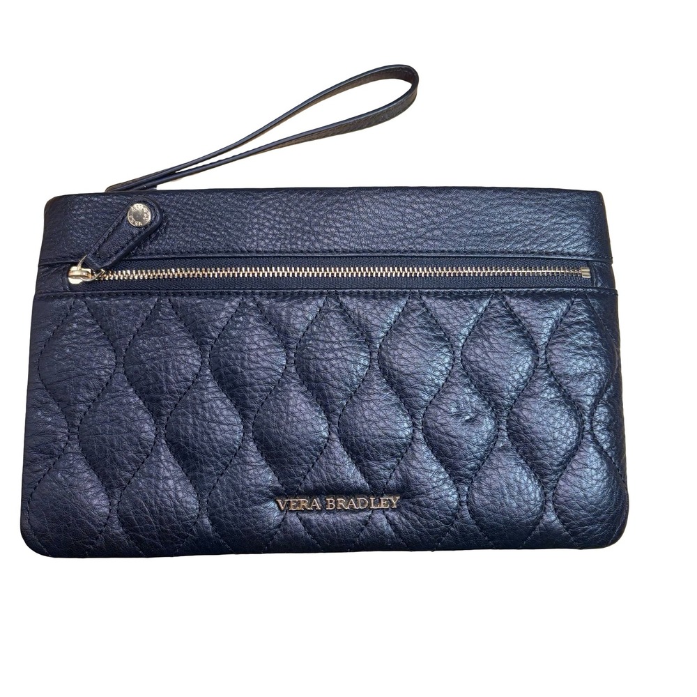 Vera Bradley Mia Black Quilted Genuine Leather‎ Wristlet Clutch Floral Interior